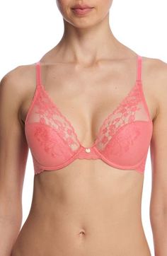 Exceptional fit and support define a convertible underwire bra with Natori's signature lace that adds a little romance to the everyday. J-hook converts bra from regular fit to racerback Lined 73% nylon, 27% elastane Hand wash, line dry Imported Pink Feminine Bra For Wedding, Elegant Full Coverage Pink Bra, Pink Feminine Bra With Removable Cups, Pink Feminine Wedding Bra, Pink Underwire Bra With Soft Touch, Elegant Pink Bra With Delicate Lace, Pink Underwire Stretch Bra, Luxury Romantic Intimates With Built-in Bra, Pink Full Cup Bra With Lace Closure