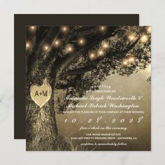 a tree with lights around it and a heart shaped sign on the trunk that says, vintage rustic save the date