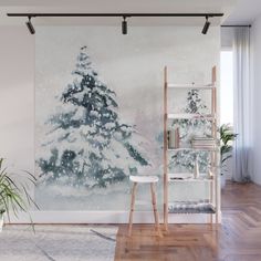 a wall mural with a christmas tree on it