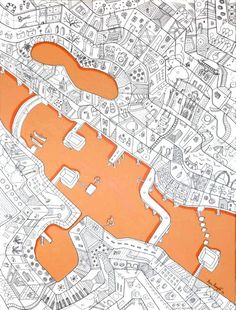 an orange and white drawing of a large body of water with lots of buildings on it