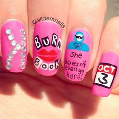 Movie Themed Nail Art, Mean Girls Nails, Holiday Acrylics, Theme Nails, Girls Nail Designs, Themed Nails, Spooky Nails, Movie Club, Diva Nails