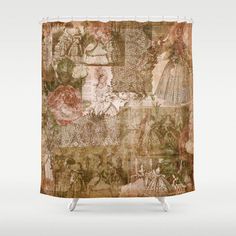 a shower curtain with an image of people and flowers on the wall in front of it