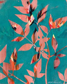 an abstract painting of leaves and flowers on a blue background