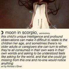 a woman with long hair standing in front of a sign that says moon in scorpio