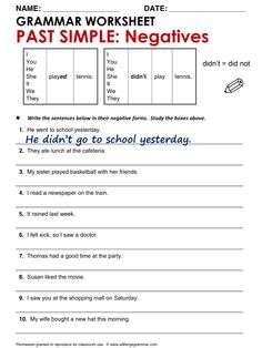 a worksheet with the words past simple negatives