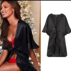 Sexy! New With Tags Victoria’s Secret Black Satin Feeling Kimono Wrap Robe With Tie Waist Flattering Short Flounce Sleeves With Slight Ruffle Down The Front Sexy And Glam In One Piece One Size And Approx 19” Long (Pit To Bottom) #7036 Victoria's Secret V-neck Sleepwear For Parties, Victoria's Secret Black V-neck Sleepwear, Black V-neck Sleepwear By Victoria's Secret, Victoria's Secret Sleepwear For Date Night, Victoria Secret Silk Robe, Black Satin Robe, Short Kimono Robe, Silky Robe, Sheer Robe