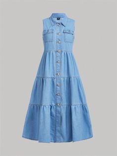 Azul lavado oscuro Casual Collar sin mangas Mezclilla Liso Camisa Embellished No-Elástico Ruffle Hem, Dress P, Denim Dress, Real Life, Collar, Dresses