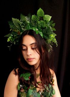 Mother Earth Goddess Headdress, Woodland Fairy Crown, Green Forest Headdress, Foliage Leaf Headpiece, Earth Goddess, Fairy Cosplay - Etsy Mother Nature Costume Diy, Goddess Costume Diy, Fairy Crowns Diy, Woodland Fairy Crown, Goddess Headdress, Forest Fairy Costume, Mother Earth Goddess, Mother Nature Costume, Nature Crown