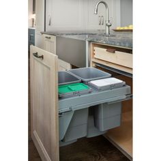 an open kitchen cabinet with two trash cans in it