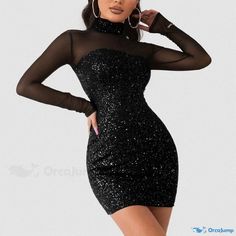 Orcajump - Black Sexy High-Necked Bodycon Dress with Gold Embellishments Elegant Bodycon Mesh Dress For Club, Elegant Backless Mesh Club Dress, Elegant Backless Mesh Dress For Club, Fitted V-neck Mesh Dress For Night Out, Black High Neck Mesh Evening Dress, Black High Neck Mesh Dress For Evening, Black Fitted Mesh Party Dress, Glamorous Black Bodycon Dress For Club, Black Fitted Mesh Dress For Party