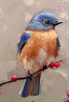 a painting of a blue bird sitting on a branch