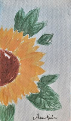 a drawing of a sunflower with green leaves