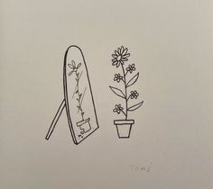 a drawing of a mirror and flower pot