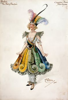 a drawing of a woman in an elaborate dress with feathers on it's head