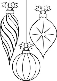 two christmas ornaments hanging from strings with bows and ribbons on the top, one is black and