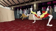 an animated image of a woman falling off her feet in front of a group of people