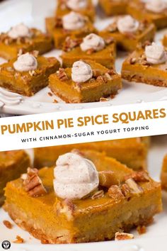 pumpkin pie spice squares with cinnamon - sugar yogurt toppings on a white plate