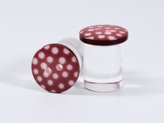 Burgundy Red Polka Dot Button Plugs  Each pair is available in your choice of Acrylic Single Flared, Stainless Steel Single Flared, Stainless Steel Double Flared, or Coco Wood Double Flared Plugs. Please see Images for examples of these styles.  All Listings are for one Pair.  Available in 4g, 2g, 0g, and 00g Shown in  00g Plug Earrings Gauges, Earrings Gauges, Plug Earrings, Retro Pin Up, Gauged Earrings, Plugs Earrings, Gauges Plugs, Red Polka Dot, Burgundy Red