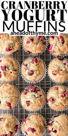 cranberry yogurt muffins on a cooling rack with text overlay