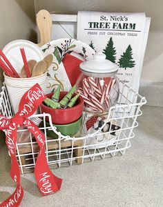 a basket filled with christmas items on top of a counter