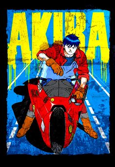 a man riding on the back of a red scooter in front of a yellow and blue background