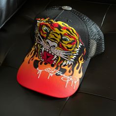 Ed Hardy Men's Tiger Fire Flames Trucker Hat Black Mesh Snapback Red Short Brim Trucker Hat For Streetwear, Red Trucker Hat With Short Brim For Streetwear, Multicolor Trucker Hat For Streetwear, Multicolor Flat Brim Trucker Hat For Streetwear, Multicolor Flat Bill Trucker Hat For Streetwear, Hats Ideas, Custom Fitted Hats, Trucker Hat Black, Fire Flames