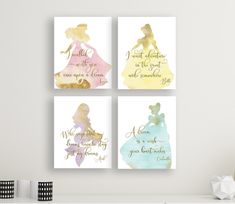 four princess silhouettes with quotes on them in gold, blue and pink colors against a white wall