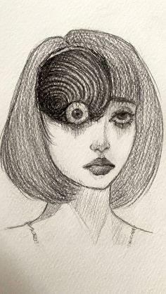 a drawing of a woman's face with an eyeball in her hair and eyebrows