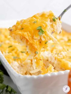 a spoon full of cheesy casserole being lifted from a white dish