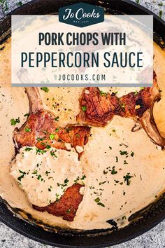 pork chops with peppercorn sauce in a skillet