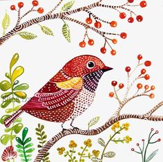 a painting of a bird sitting on a tree branch with berries and leaves around it