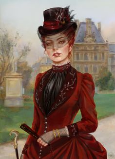 a painting of a woman in a red dress and top hat