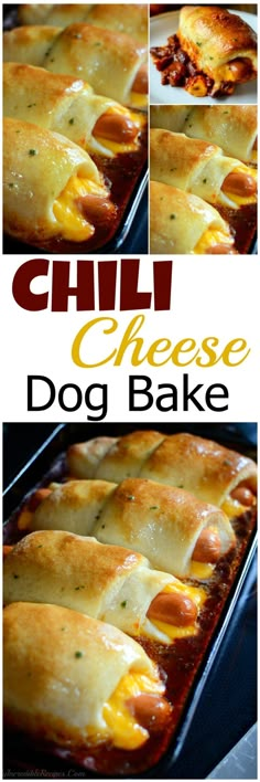 this cheesy dog bake has been made in the oven and is ready to be eaten