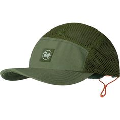 the hat is green and has a mesh visor, with an embroidered logo on it