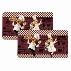 two placemats with an image of a chef holding a pizza on one side and another in the other