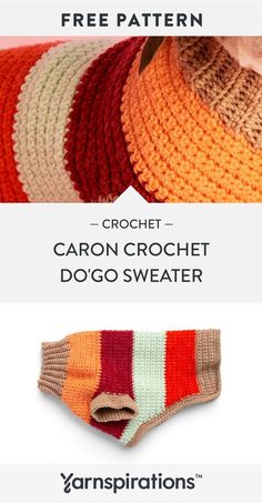 the crochet dog sweater pattern is shown in three different colors, including red, orange