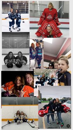 the collage shows many different pictures of people in hockey uniforms and on ice skates