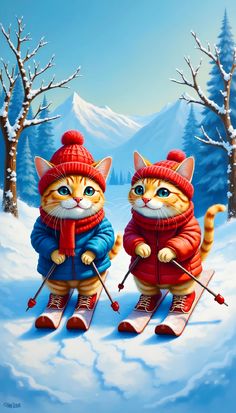 two cats are skiing in the snow together