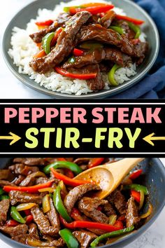 beef stir - fry with peppers and rice in a skillet on the side is an advertisement for pepper steak stir - fry