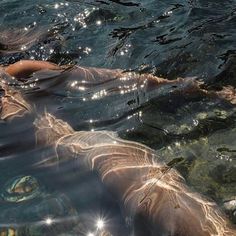 two people are swimming in the water together