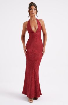 A romantic choice for your special occasions, the Josephine dress is adored by everyone, made in a beautiful floral jacquard fabric. This halterneck style features a plunge neck, waist-cinching fit and falls elegantly to a floor sweeping maxi length.Ã‚Â 



Colour: Red.

Premium non-stretch floral jacquard.

Halterneck.

Waist cinching.

Plunge neckline.

Maxi length.

Model is an XS and is wearing an XS.

 Size: XS, S, M, L, XL, XXL Crop Top Dress, Maxi Dress Sale, Sparkle Dress, Floral Jacquard, Couples Goals, Dresses By Length, Formal Dresses Prom, Flowy Dress, Jacquard Fabric