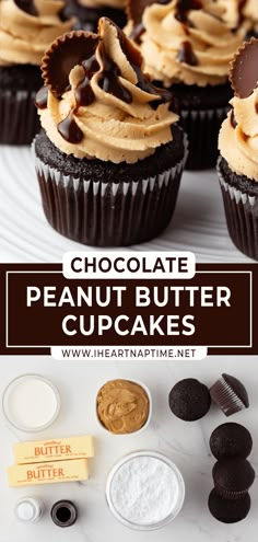 chocolate peanut butter cupcakes on a white plate with the words, chocolate peanut butter cupcakes