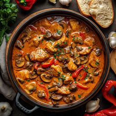 a pan filled with chicken, mushrooms and peppers next to garlic bread on a table