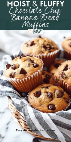 chocolate chip banana bread muffins in a wicker basket with text overlay