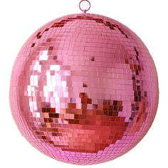 a pink disco ball ornament hanging from a string