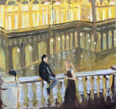 a painting of a man and woman sitting on a balcony looking at the city lights