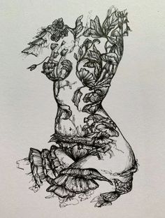 a drawing of a woman's torso with flowers and leaves on her chest, in black ink