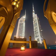 two tall buildings are lit up at night in the background is a red carpeted area