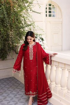 Elegant Chinon Lawn Suit For Navratri, Elegant Lawn Suit With Mirror Work For Navratri, Festive Chinon Salwar Kameez With Dabka, Festive Chinon Salwar Kameez With Dabka Detail, Festive Dabka Detailed Salwar Kameez In Chinon, Bollywood Red Lawn Suit For Wedding, Elegant Red Chanderi Lawn Suit, Eid Traditional Nida Wear With Mirror Work, Eid Lawn Suit With Mirror Work In Chinon