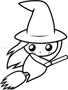 a cartoon witch flying on a broom with her hat and eye patch over her eyes